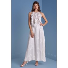 Halter Yaka Ekru Şifon Elbise