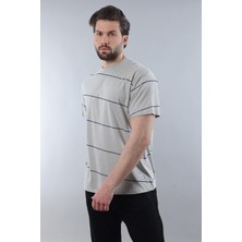 Boyalı Gri Bisiklet Yaka Basic Çizgili Erkek T-Shirt E7102