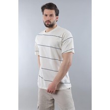 Ekru Bisiklet Yaka Basic Çizgili Erkek T-Shirt E7102