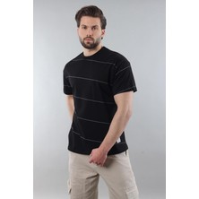 Siyah Bisiklet Yaka Basic Çizgili Erkek T-Shirt E7102