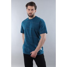 Petrol Mavisi Bisiklet Yaka Basic Çizgili Erkek T-Shirt E7102