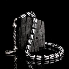 925 Ayar Gümüş Mineli Püsküllü Siyah Beyaz Ayyıldız Model Ateş Kehribar Tesbih