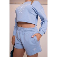 Afloow Delicate Kadın Mavi Oversize Crop Sweatshirt - "vibes" Tenis Raketi Baskılı, Spor & Günlük Şık Stil