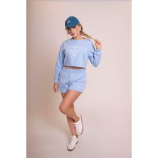 Afloow Delicate Kadın Mavi Oversize Crop Sweatshirt - "vibes" Tenis Raketi Baskılı, Spor & Günlük Şık Stil