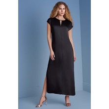 Yarasa Kol Siyah Saten Elbise