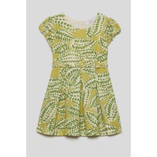 Kısa Kollu Pamuklu Yaprak Desenli Doğum Günü Özel Gün Bayramlık Kız Çocuk Elbise