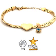 Hediyeci Market 316 L Çelik Gold Yassı Zincir Model Kalp Figür Nazar Boncuk Detay Çelik Kadın Bileklik - HMÇB-0078