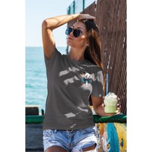 Zestia Unisex T-Shirt, Animals, Panda Tasarım Baskılı, Oversize, Antrasit T-Shirt NO:00353