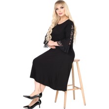 Melsay Butik Siyah Bisiklet Yaka Truvakar Kol Dantel Detaylı Abiye Elbise