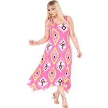 Melsay Butik Askılı V Yaka Toka Detaylı Pembe Motif Desen Elbise
