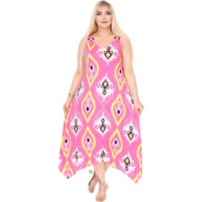 Melsay Butik Askılı V Yaka Toka Detaylı Pembe Motif Desen Elbise