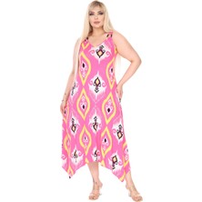 Melsay Butik Askılı V Yaka Toka Detaylı Pembe Motif Desen Elbise