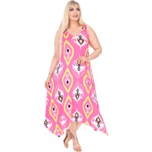 Melsay Butik Askılı V Yaka Toka Detaylı Pembe Motif Desen Elbise