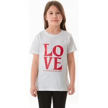%100 Pamuk Simli Love Yazı Baskılı Kız Çocuk Tişört