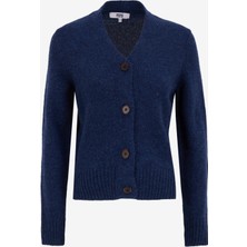 Denim Trip Slim Fit V Yaka Lacivert Düğmeli Kadın Yün Hırka