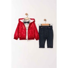 Miniğimin Cicileri Organik Kedicik Desenli Ekose Gömlekli Erkek Bebe 3 lü takım - Kırmızı