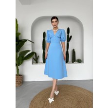 Linda Önü Düğmeli Midi Elbise