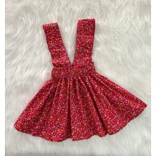 Eylülce Butik Kız Çocuk Kırmızı Çiçekli Fiyonklu Fırfır Askılı Salopet Elbise  (%100 Pamuk Kumaştan Üretilmiştir.)