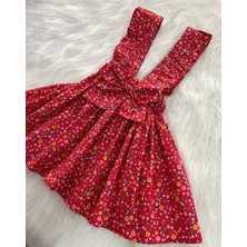Eylülce Butik Kız Çocuk Kırmızı Çiçekli Fiyonklu Fırfır Askılı Salopet Elbise  (%100 Pamuk Kumaştan Üretilmiştir.)