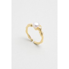 Doğal Inci Taşlı 18 Ayar Sarı Altın Kaplama Ayarlanabilir Gümüş Yüzük