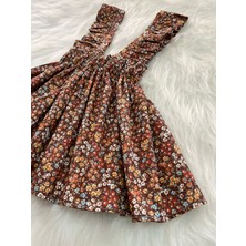 Eylülce Butik Kız Çocuk Kahve Çiçekli Fiyonklu Fırfır Askılı Salopet Elbise  (%100 Pamuk Kumaştan Üretilmiştir.)