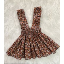 Eylülce Butik Kız Çocuk Kahve Çiçekli Fiyonklu Fırfır Askılı Salopet Elbise  (%100 Pamuk Kumaştan Üretilmiştir.)