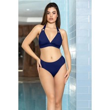 Kadın Lacivert Halka Detaylı Boyundan Bağlamalı  Astarlı Büyük Üçgen Bikini Takım HZL24S-AR1763