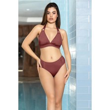Kadın Gül Kurusu Halka Detaylı Boyundan Bağlamalı  Astarlı Büyük Üçgen Bikini Takım HZL24S-AR1763