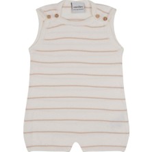 Antebies Bej Beyaz Çizgili Tahta Düğmeli Triko Kolsuz Şortlu Kız Erkek Bebek Tulum