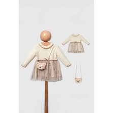 Miniğimin Cicileri Kız Çocuklar İçin Miniğimin Cicileri Ayıcık Çantalı Tül Etekli 3'lü Takım - Krem Desenli