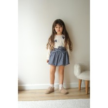 Kız Çocuk Kelebek Figürlü Pamuklu Kumaş Beli Lastikli Kurdeleli Mavi Sim Geçişli Etek Bluz Ikili Takım