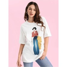 Woodroffe Cool Woman Baskılı Beyaz Kadın / Kız Oversize Salaş T-Shirt Boyfriend