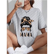Woodroffe Mamaa Baskılı Kadın / Kız Oversize Gri Salaş T-Shirt Boyfriend