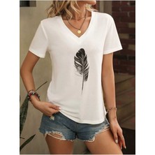 Woodroffe Kadın / Kız V Yaka Tüy Desen Baskılı Beyaz Oversize T-Shirt Salaş Boyfirend
