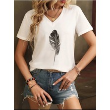 Woodroffe Kadın / Kız V Yaka Tüy Desen Baskılı Beyaz Oversize T-Shirt Salaş Boyfirend