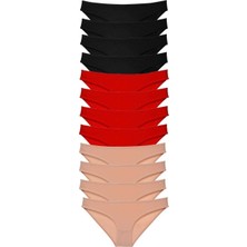 Mbb E-Ticaret 12 Adet Süper Eko Set Likralı Kadın Slip Külot Siyah Kırmızı Ten