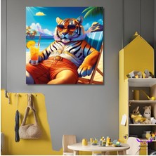 Abart Art Tekli Kare Kanvas Sahilde Güneşlenip Kokteyl Içen Kaplan Tasarımı