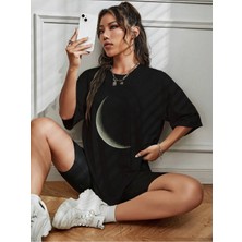 Woodroffe Kadın / Kız Ay Baskılı Siyah Oversize T-Shirt Salaş Boyfirend