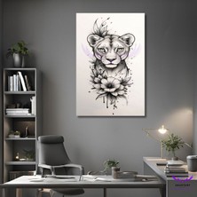 Abart Art Tekli Dikey Kanvas Duvar Tablosu Siyah Beyaz Çiçek ve Yavru Aslan