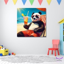 Abart Art Tekli Kare Kanvas Sahilde Güneşlenip Kokteyl Içen Panda Tasarımı