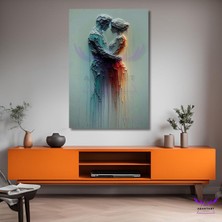 Abart Art Tekli Dikey Kanvas Şık Salon ve Ofis Tablosu Yağlı Boya ve Kabartma Görünümlü Sarılmış Romantik Çift