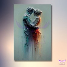 Abart Art Tekli Dikey Kanvas Şık Salon ve Ofis Tablosu Yağlı Boya ve Kabartma Görünümlü Sarılmış Romantik Çift