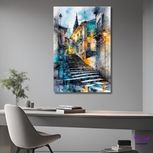 Abart Art Tekli Dikey Kanvas Duvar Tablosu Sulu Boy Merdivenli Sokak ve Eski Evler