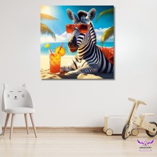 Abart Art Tekli Kare Kanvas Sahilde Güneşlenip Kokteyl Içen Zebra Tasarımı