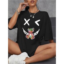 Woodroffe Kadın / Kız Siyah Oversize T-Shirt Gülen Ayı Baskılı