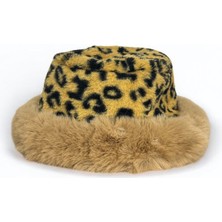 Me-Vo Kadın Leopar Desenli Kahverengi Peluş Bucket Kova Şapka