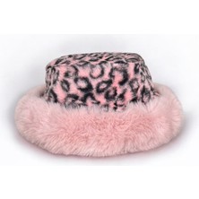 Me-Vo Kadın Leopar Desenli Pembe Renkli Peluş Bucket Kova Şapka