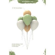 Hey Parti Okaliptus Temalı Balon Seti - 12" Pastel Okaliptus Yeşili, Ten ve Beyaz Karışık Balon - 50 Adet