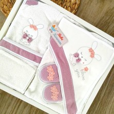 Bebe Kervanı Kız Bebek Pembe Tavşan Kulaklı  Pamuklu Bornoz Takımı BBK1089