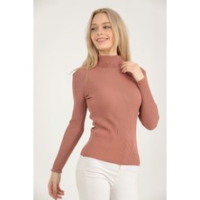 Vegenze Kadın Gül Kurusu Boğazı Fırfırlı Fitilli Merdiven Desenli Triko Kazak